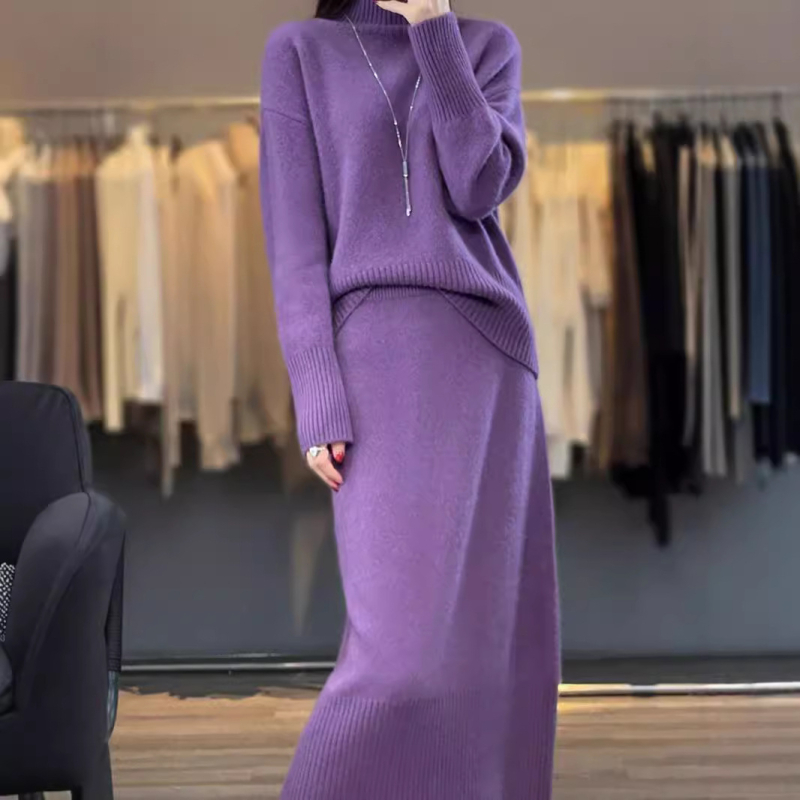 Elegantni ženski pleteni set za jesen-zimu, plus veličina: jednobojni džemper s visokim ovratnikom i dugačka bodycon suknja, dvodijelni set