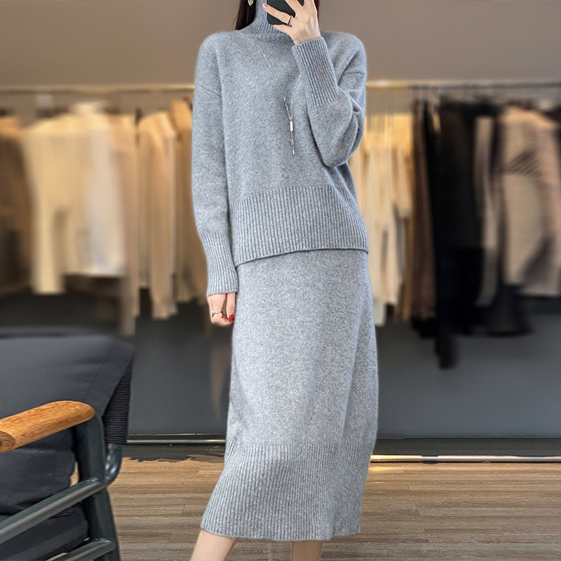 Elegantni ženski pleteni set za jesen-zimu, plus veličina: jednobojni džemper s visokim ovratnikom i dugačka bodycon suknja, dvodijelni set