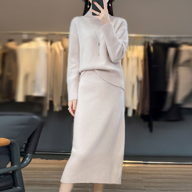 Elegantni ženski pleteni set za jesen-zimu, plus veličina: jednobojni džemper s visokim ovratnikom i dugačka bodycon suknja, dvodijelni set