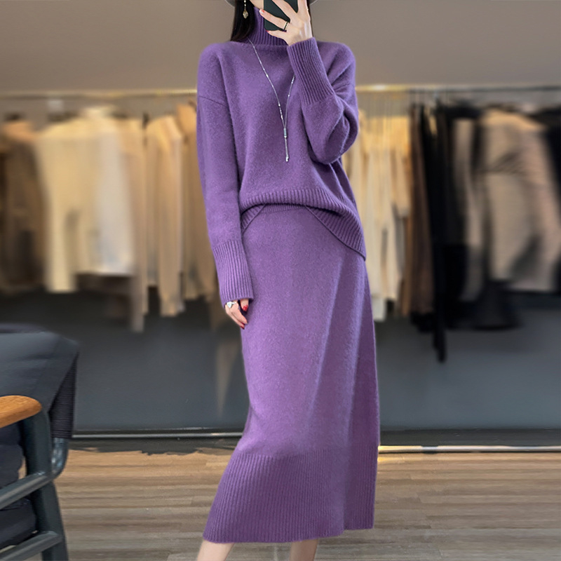 Elegantni ženski pleteni set za jesen-zimu, plus veličina: jednobojni džemper s visokim ovratnikom i dugačka bodycon suknja, dvodijelni set