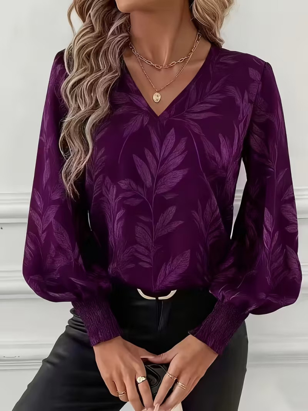 Ženska bluza s dugim rukavima, retro otisak, širok kroj, V-izrez, poliester, jesen–proljeće