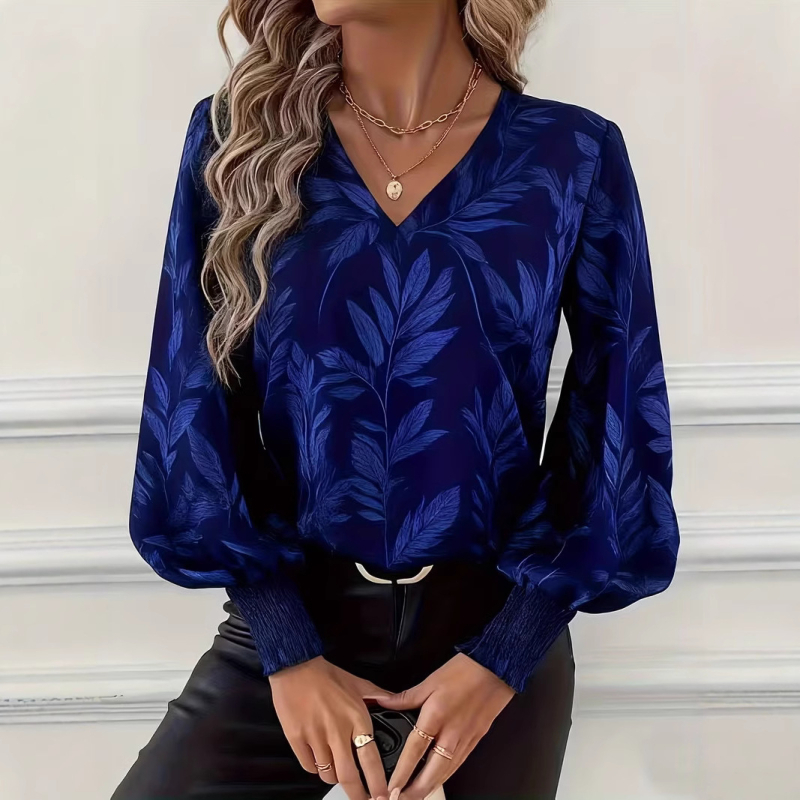 Ženska bluza s dugim rukavima, retro otisak, širok kroj, V-izrez, poliester, jesen–proljeće