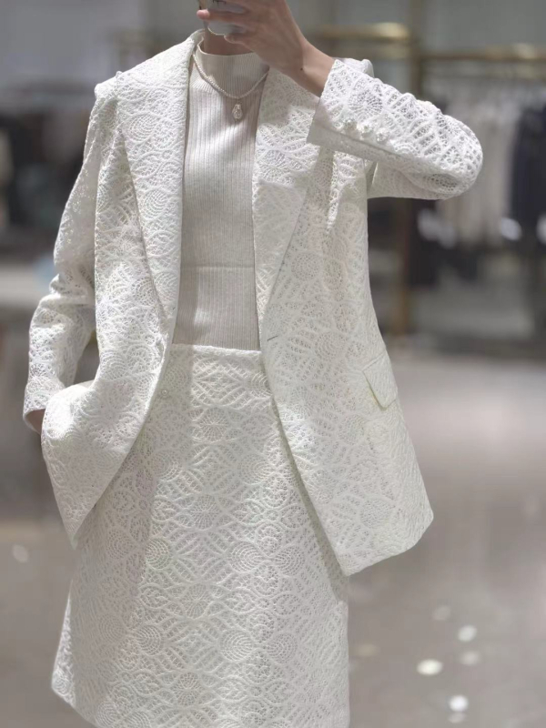 Čipkasti kostim sa sakoom i suknjom, 26 novih stilova, elegantan prorezani žakard