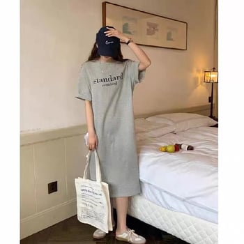 Плюс размер дамска лятна рокля с къс ръкав в стил T-shirt, до коляното с цепка, свободна кройка