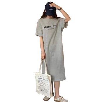 Плюс размер дамска лятна рокля с къс ръкав в стил T-shirt, до коляното с цепка, свободна кройка