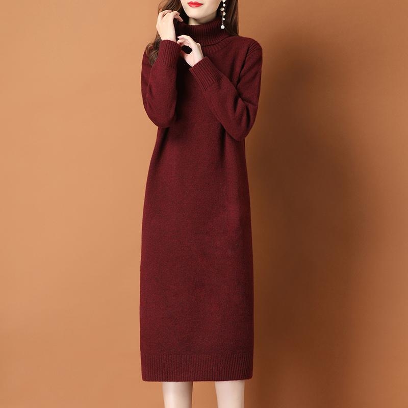 Elegantna pletena midi haljina s visokim ovratnikom, A-linijski kroj, dugi rukavi, viskozni materijal