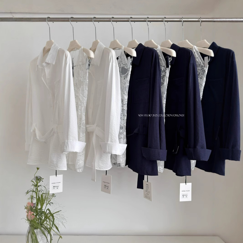 Tavaszi laza szett: derekat kiemelő galléros ing, csipkés szoknya és alsóing – két darabos készlet