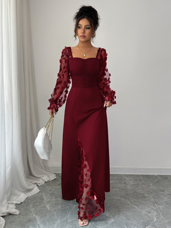 Elegáns női hosszú ujjú A-vonalú ruha, négyzet alakú nyakkal, virágos mintával, poliészter-elasztán anyag, 2025 ősz-tél