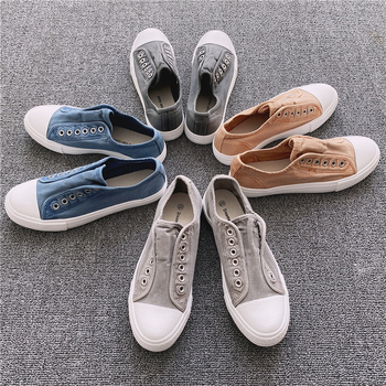 Unisex καμβά sneakers χωρίς κορδόνια, με πλυμένο φθαρμένο look, κορεατικό στυλ, μαλακά και άνετα