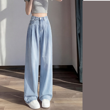 Γυναικείο τζιν Tencel Denim, στενό καλοκαιρινό τζιν με ψηλή μέση, σε ίσια γραμμή, χαλαρή εφαρμογή, μικρό μέγεθος, παντελόνι Ice Silk με φαρδιά μπατζάκια