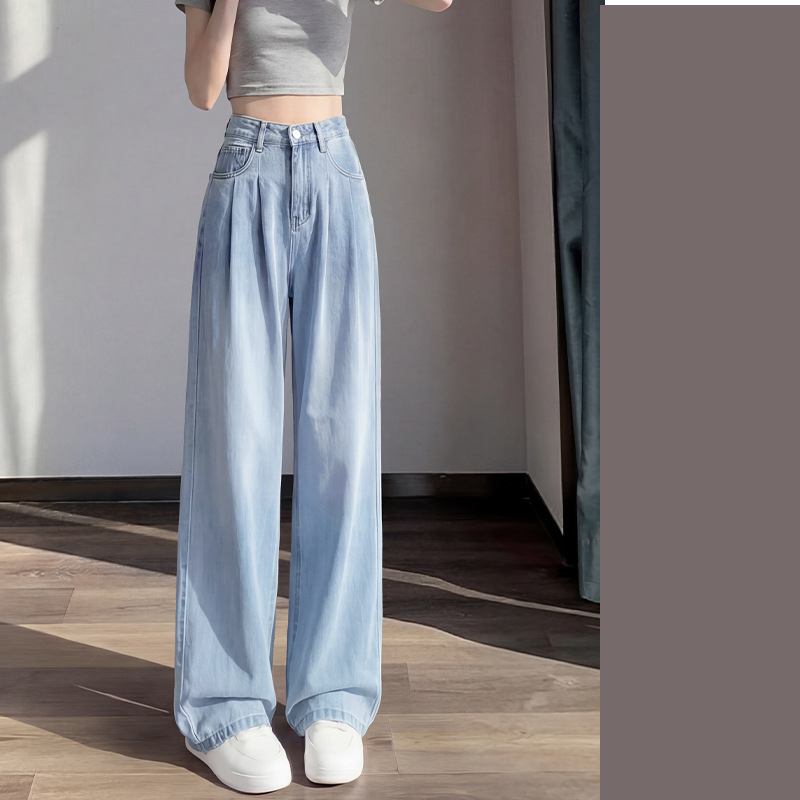Γυναικείο τζιν Tencel Denim, στενό καλοκαιρινό τζιν με ψηλή μέση, σε ίσια γραμμή, χαλαρή εφαρμογή, μικρό μέγεθος, παντελόνι Ice Silk με φαρδιά μπατζάκια