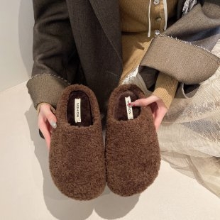 Ženske papuče od janjeće vune s umjetnom dlakom, tople i udobne, zatvoren nos, slip-on, đon 3-5 cm, zima 2025