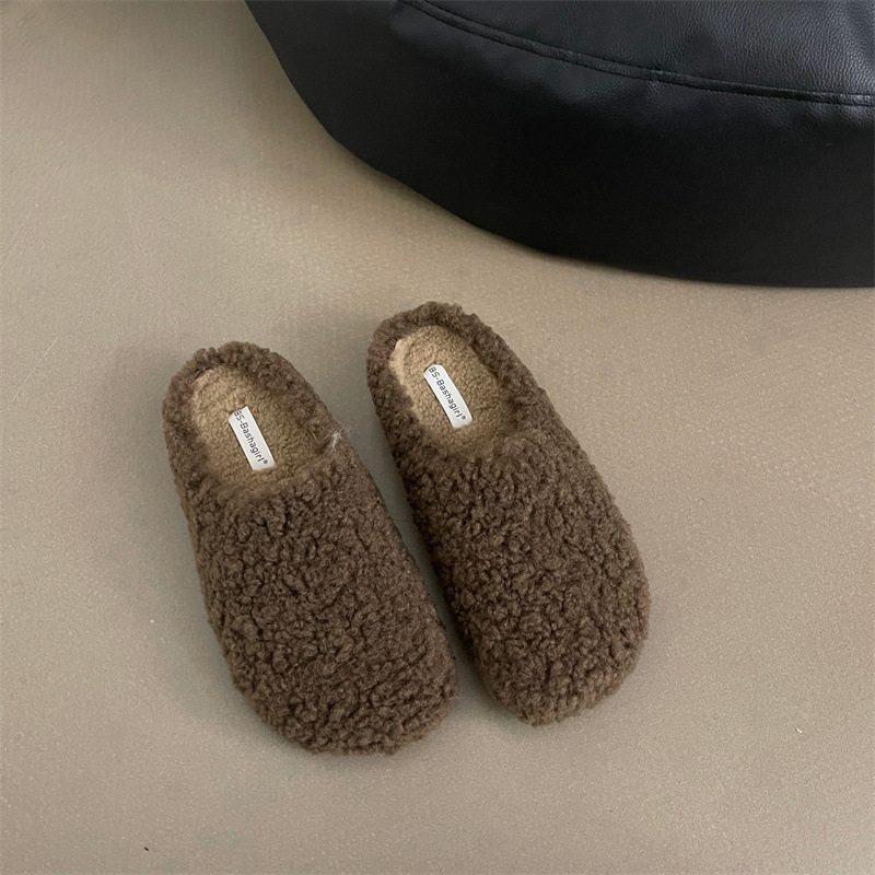 Ženske papuče od janjeće vune s umjetnom dlakom, tople i udobne, zatvoren nos, slip-on, đon 3-5 cm, zima 2025