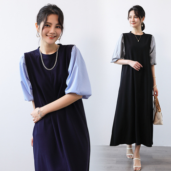 Haljina u japanskom stilu patchwork s puff rukavima, srednja duljina, ležeran kroj, okrugli izrez