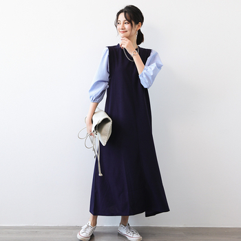 Haljina u japanskom stilu patchwork s puff rukavima, srednja duljina, ležeran kroj, okrugli izrez