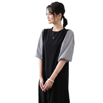Haljina u japanskom stilu patchwork s puff rukavima, srednja duljina, ležeran kroj, okrugli izrez