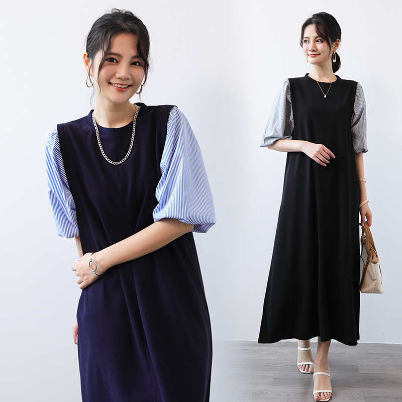 Haljina u japanskom stilu patchwork s puff rukavima, srednja duljina, ležeran kroj, okrugli izrez