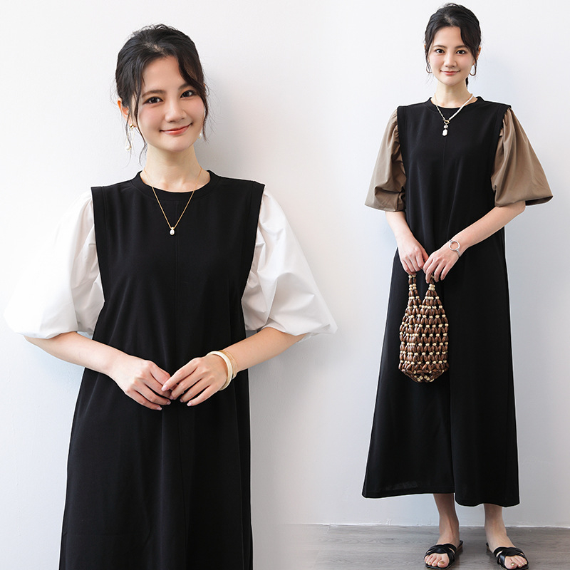 Haljina u japanskom stilu patchwork s puff rukavima, srednja duljina, ležeran kroj, okrugli izrez