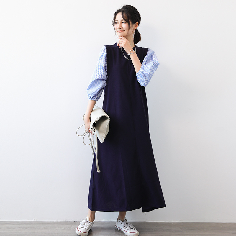 Haljina u japanskom stilu patchwork s puff rukavima, srednja duljina, ležeran kroj, okrugli izrez