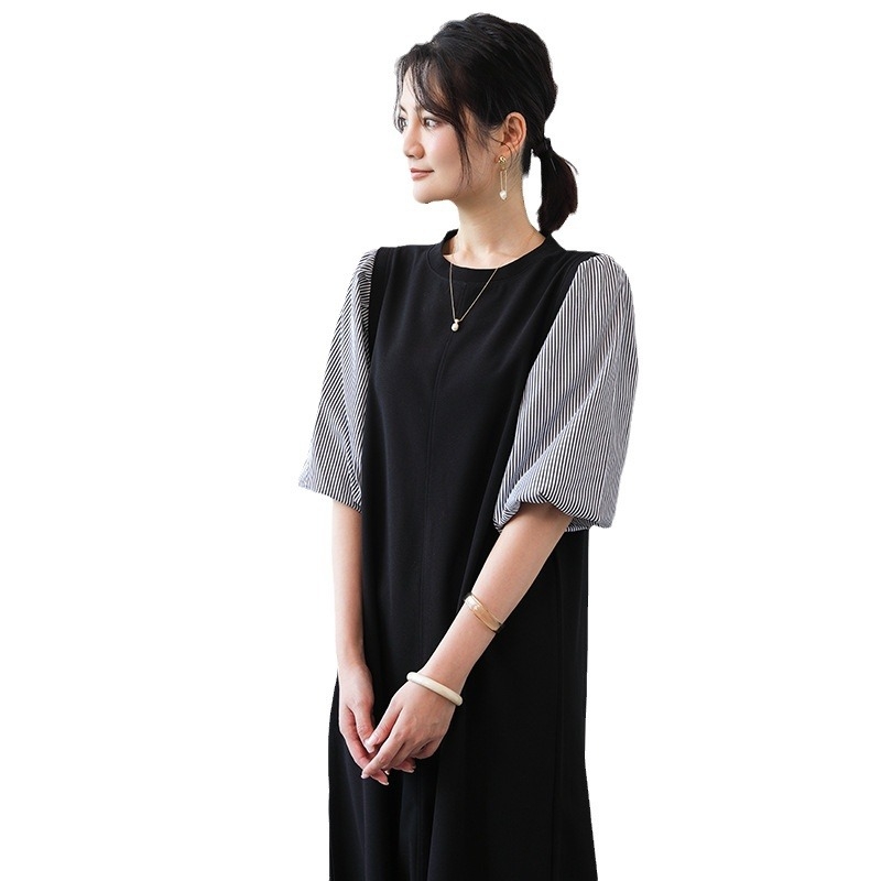 Haljina u japanskom stilu patchwork s puff rukavima, srednja duljina, ležeran kroj, okrugli izrez