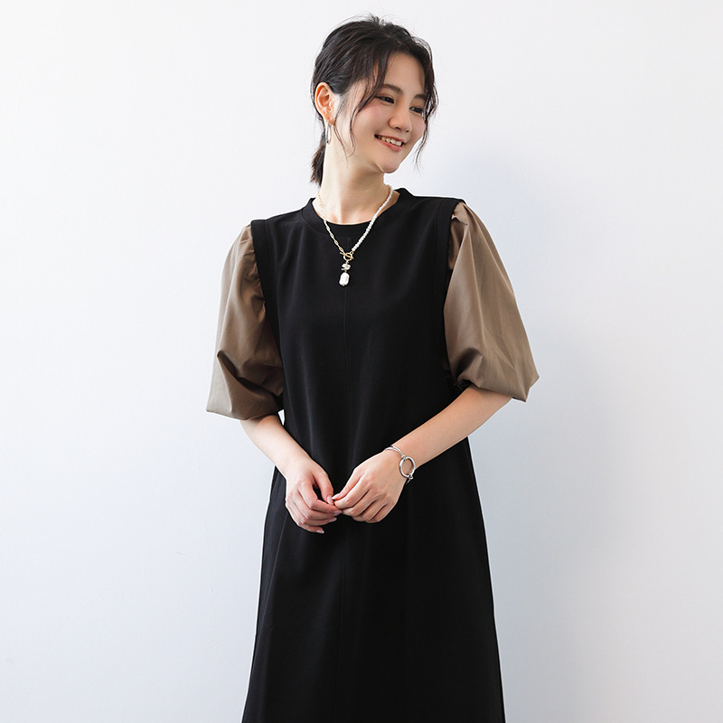 Haljina u japanskom stilu patchwork s puff rukavima, srednja duljina, ležeran kroj, okrugli izrez