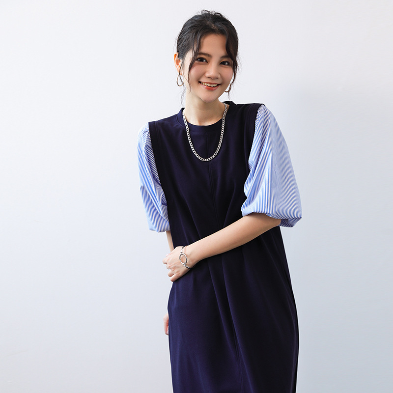 Haljina u japanskom stilu patchwork s puff rukavima, srednja duljina, ležeran kroj, okrugli izrez