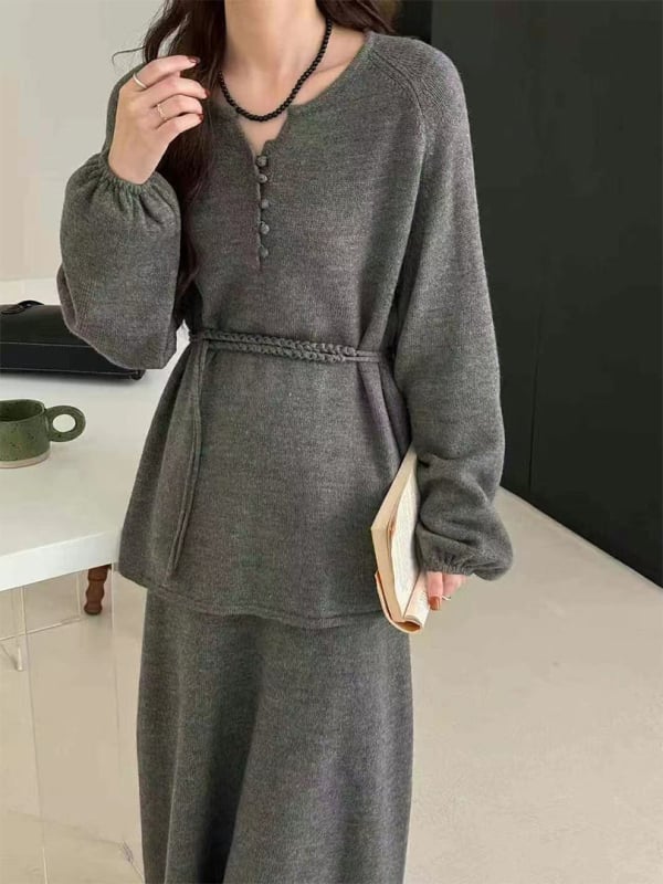 Ženski dvodijelni set: midi suknja i pleteni top s poluotvorenim ovratnikom i vezanjem, korejski stil, jesen-zima casual