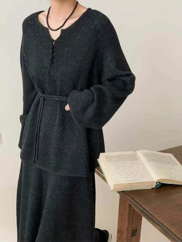 Ženski dvodijelni set: midi suknja i pleteni top s poluotvorenim ovratnikom i vezanjem, korejski stil, jesen-zima casual