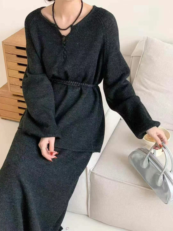 Ženski dvodijelni set: midi suknja i pleteni top s poluotvorenim ovratnikom i vezanjem, korejski stil, jesen-zima casual