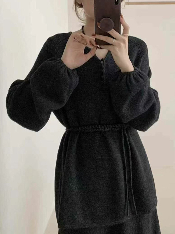 Ženski dvodijelni set: midi suknja i pleteni top s poluotvorenim ovratnikom i vezanjem, korejski stil, jesen-zima casual