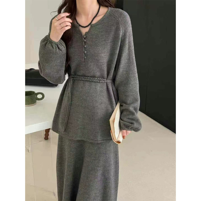 Ženski dvodijelni set: midi suknja i pleteni top s poluotvorenim ovratnikom i vezanjem, korejski stil, jesen-zima casual