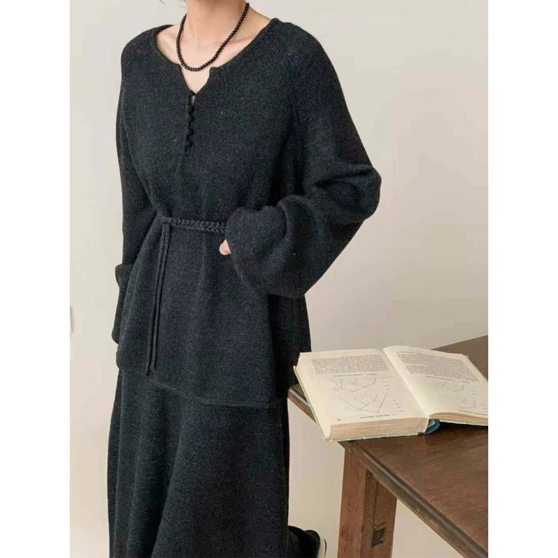 Ženski dvodijelni set: midi suknja i pleteni top s poluotvorenim ovratnikom i vezanjem, korejski stil, jesen-zima casual