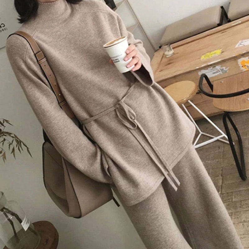 Jednobojni pleteni set: pulover i hlače, dvodijelni, jesen-zima 2025, ležerno elegantan stil