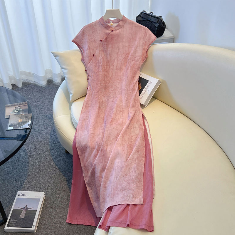 Ružičasta haljina čipao za žene sa stojećim ovratnikom, ljeto, elegantno