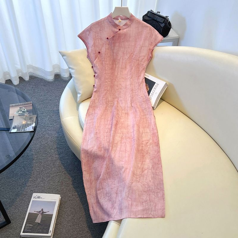 Ružičasta haljina čipao za žene sa stojećim ovratnikom, ljeto, elegantno