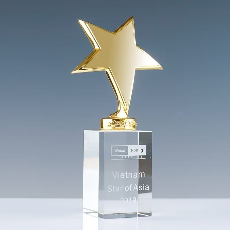 Kristalna mala trofeja s metalnim zvijezdom dizajnom, personalizirano graviranje za godišnju konferenciju i timsku nagradu
