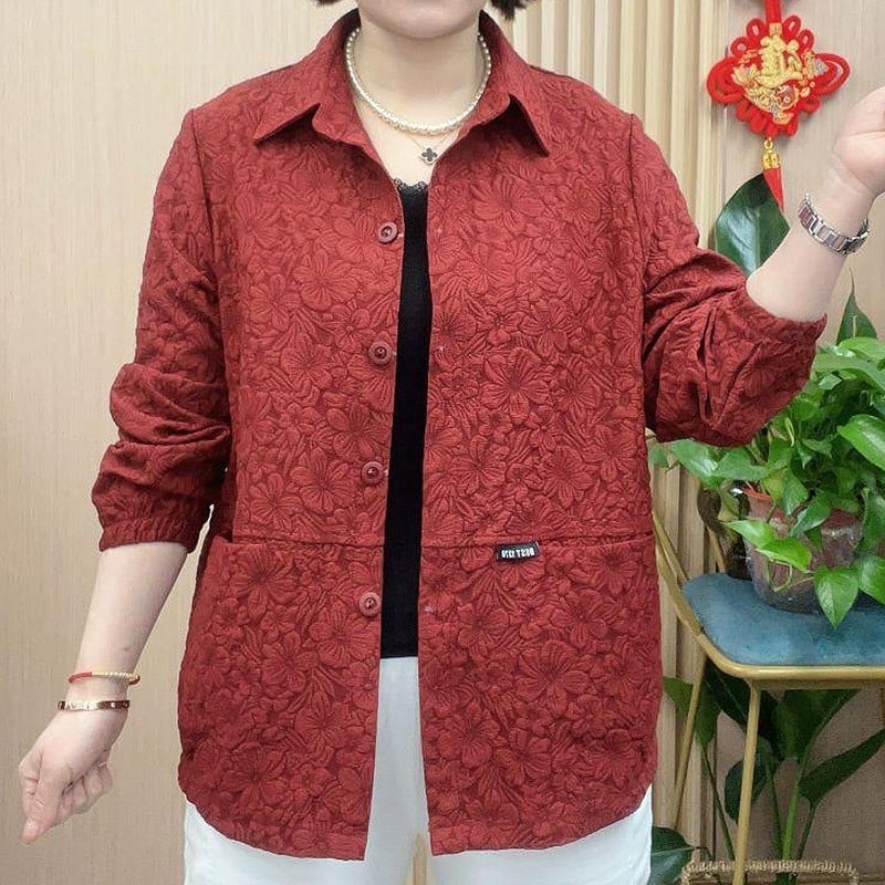Jakna jacquard s polo ovratnikom za proljeće i jesen, univerzalna za žene srednje dobi i starije, udoban ležeran kroj