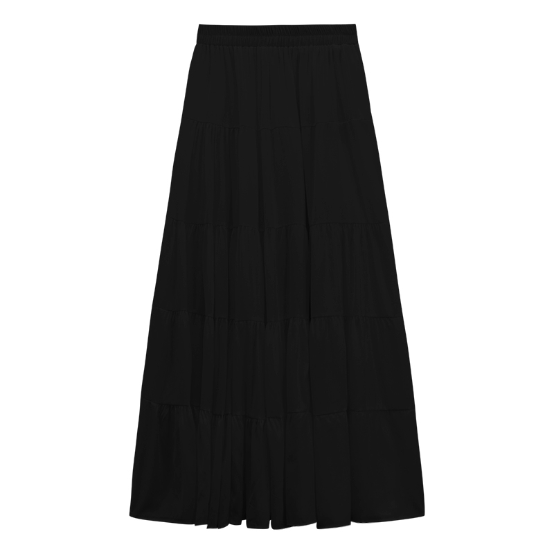 Hosszú A‑vonalú szoknya magas derékkal, karcsúsító sziluett, gyengéd tavaszi elegancia, széles szegély