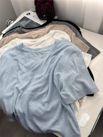 Ženski T-shirt u japanskom stilu, lagan i tanak, kratki rukavi, jednobojan, okrugli izrez, pleteni gornji dio