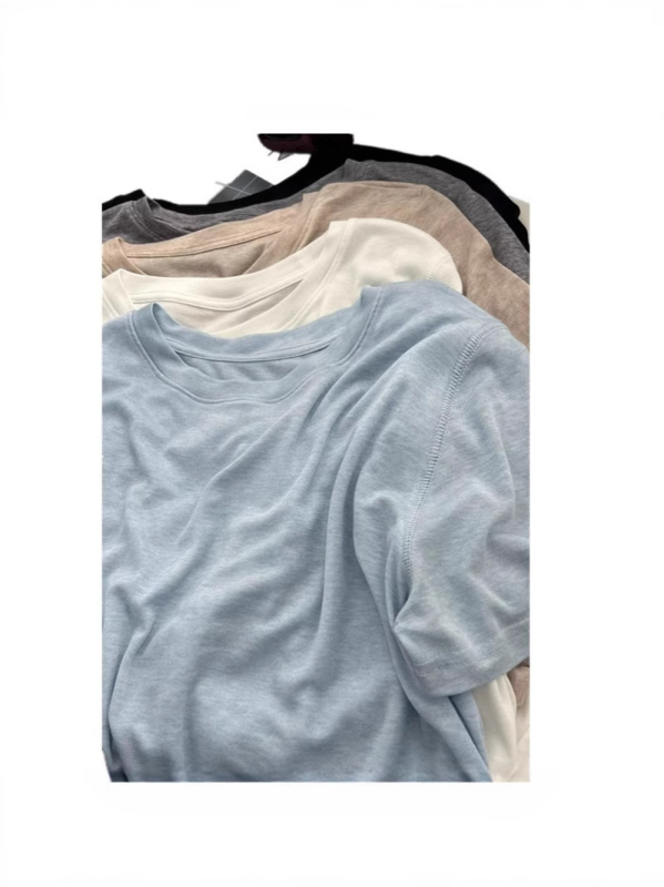 Ženski T-shirt u japanskom stilu, lagan i tanak, kratki rukavi, jednobojan, okrugli izrez, pleteni gornji dio
