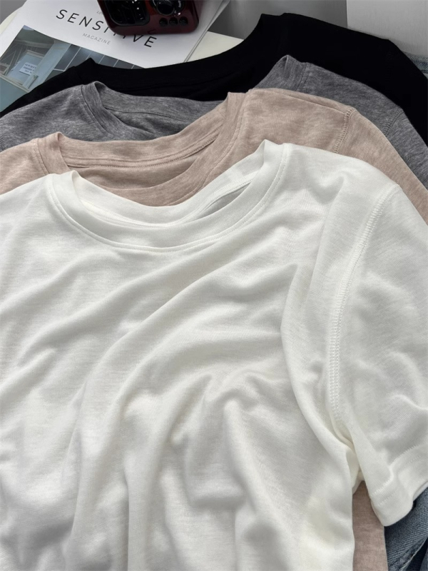 Ženski T-shirt u japanskom stilu, lagan i tanak, kratki rukavi, jednobojan, okrugli izrez, pleteni gornji dio