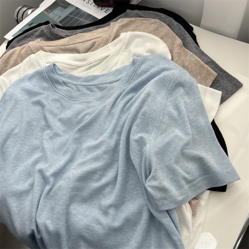 Ženski T-shirt u japanskom stilu, lagan i tanak, kratki rukavi, jednobojan, okrugli izrez, pleteni gornji dio