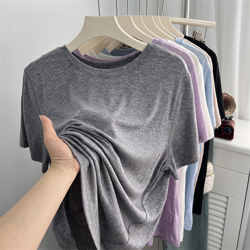 Ženski T-shirt u japanskom stilu, lagan i tanak, kratki rukavi, jednobojan, okrugli izrez, pleteni gornji dio