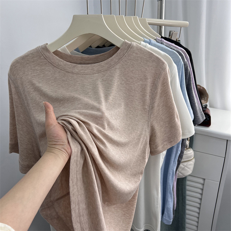 Ženski T-shirt u japanskom stilu, lagan i tanak, kratki rukavi, jednobojan, okrugli izrez, pleteni gornji dio