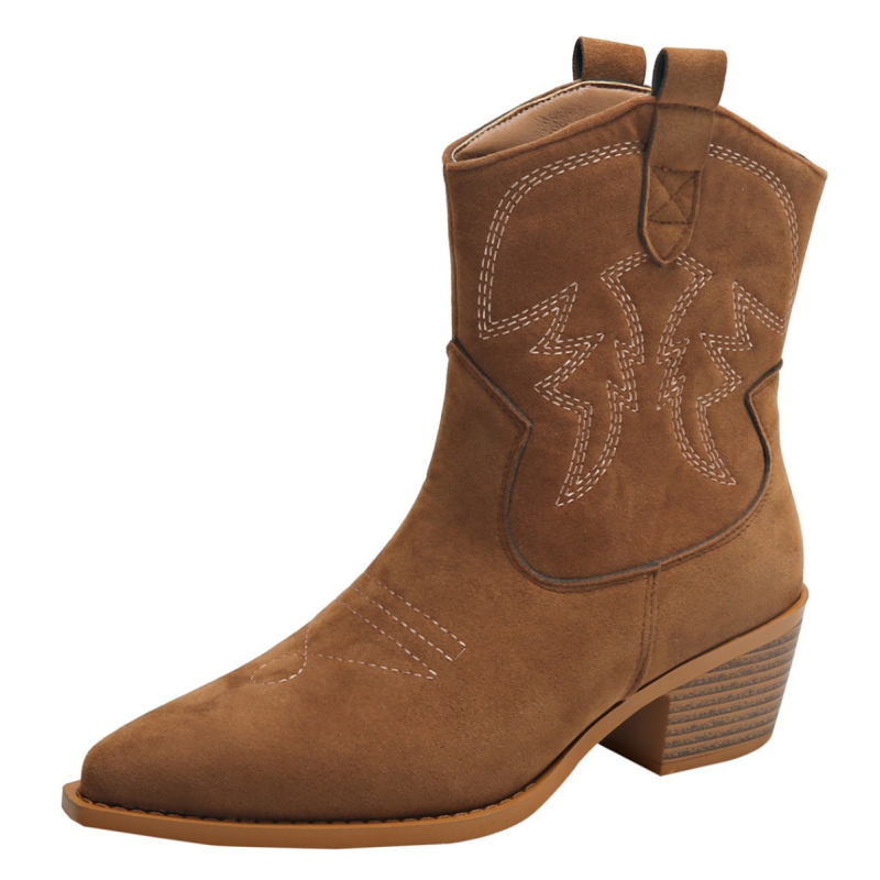 Ženske kratke western cipele od velura, oštar nos i debeli pet, V otvor, vitka silueta, britanski retro stil