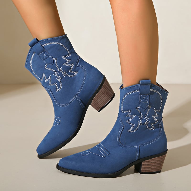 Ženske kratke western cipele od velura, oštar nos i debeli pet, V otvor, vitka silueta, britanski retro stil