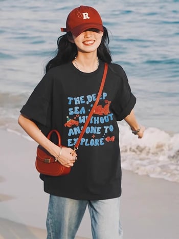 Ženski pamučni T-shirt s kratkim rukavima, tisk s tekstom, udobna silueta, okrugli izrez, ljetni svakodnevni top