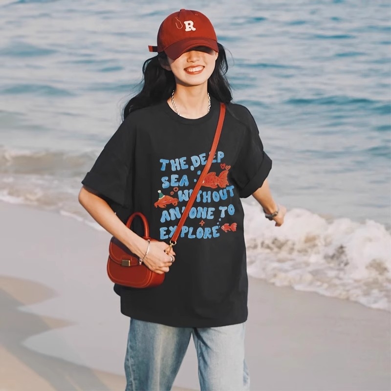 Ženski pamučni T-shirt s kratkim rukavima, tisk s tekstom, udobna silueta, okrugli izrez, ljetni svakodnevni top
