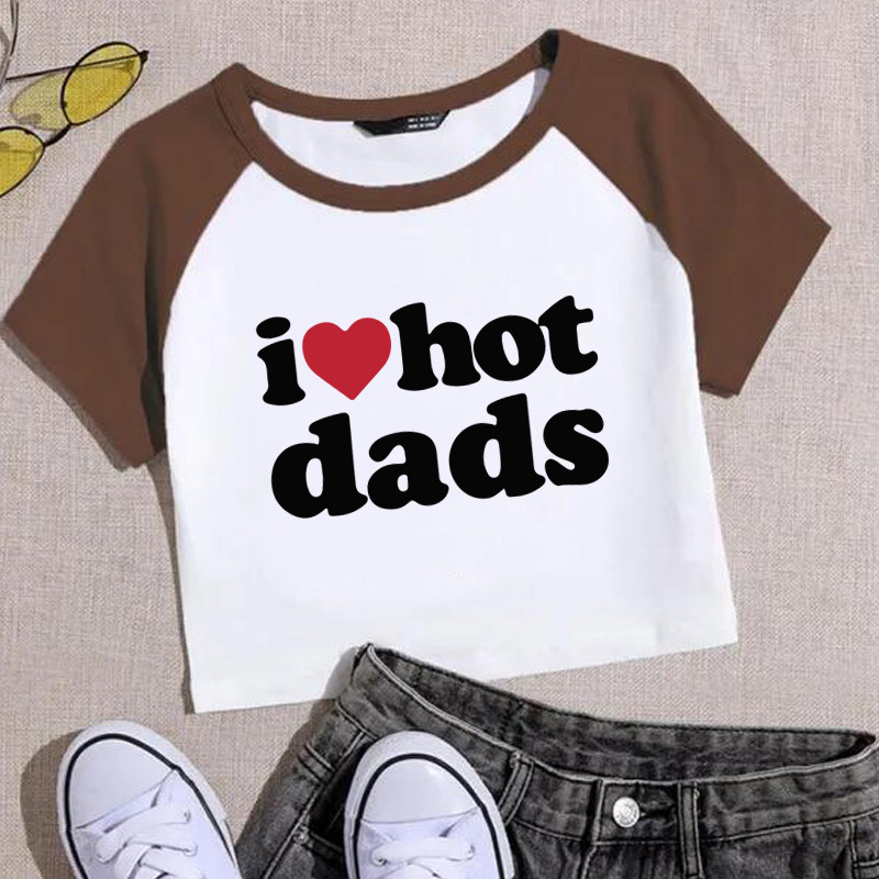 Novo žensko T-shirt s kratkim raglan rukavima, print 'I love hot dads', street hipster stil, poliester