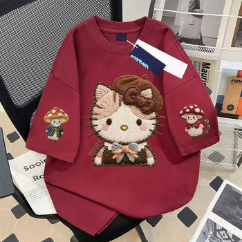 Unisex crvena majica kratkih rukava od 100% pamuka s motivom mačke u karikaturi i efektom veza, ljeto 2026